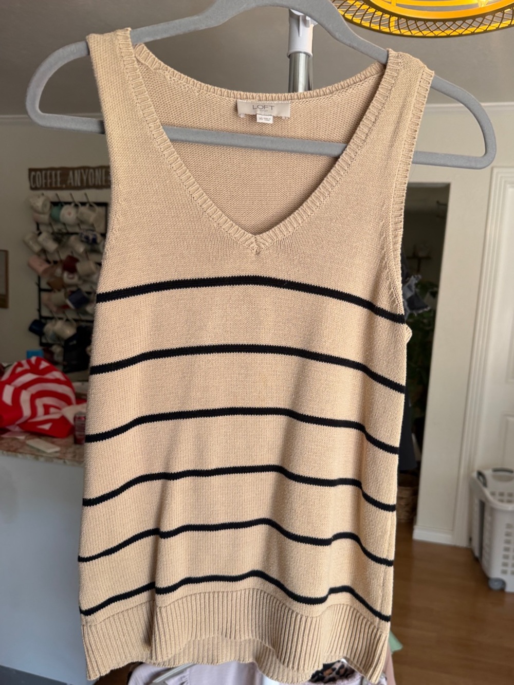 LOFT Beige V-Neck Striped Knit Tank Sweater